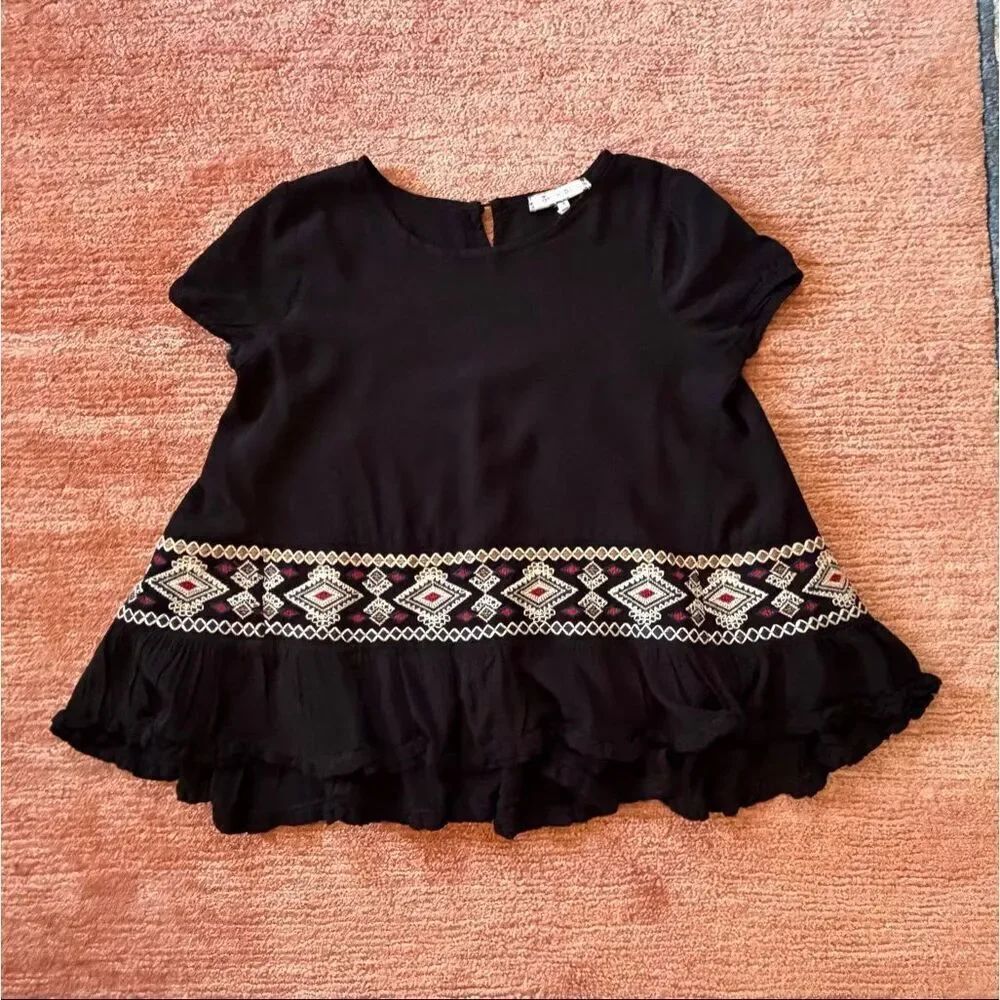 Anthropologie Eri + Ali S Black Boho Embroidered Peplum Top